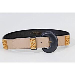 DONCASTER Vintage Leather Belt Black Tan Gold Studded Statement Waist Belt M